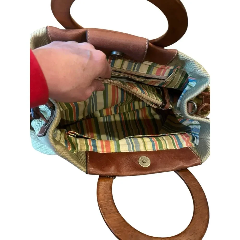 Fossil Wood Handle Rings purse Green Canvas Floral Logo Striped Lining